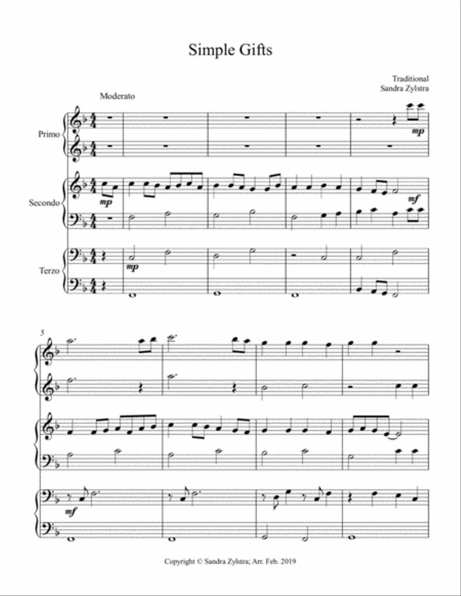 Simple Gifts (1 piano, 6 hands trio) Piano Trio scores gallery preview page 2