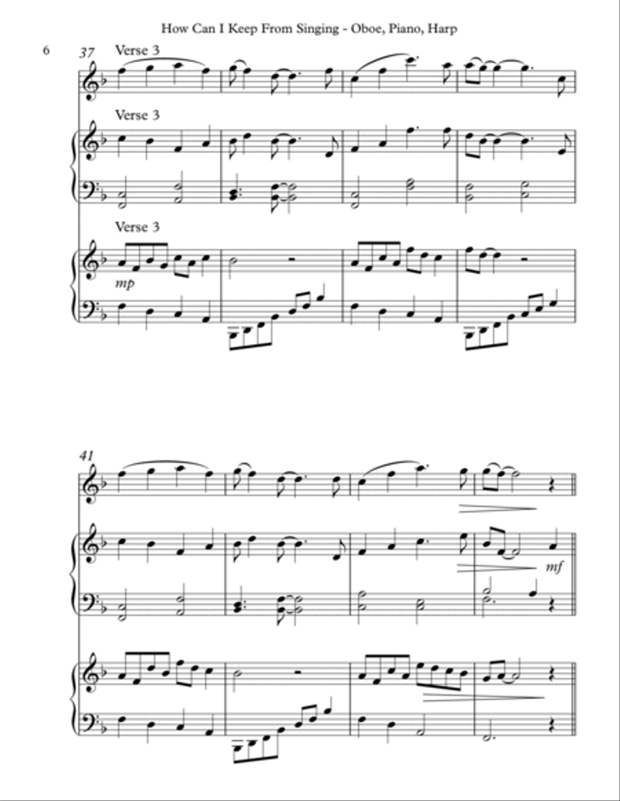 How Can I Keep From Singing, Trio for Oboe, Piano & Harp Pedal Harp scores gallery preview page 6