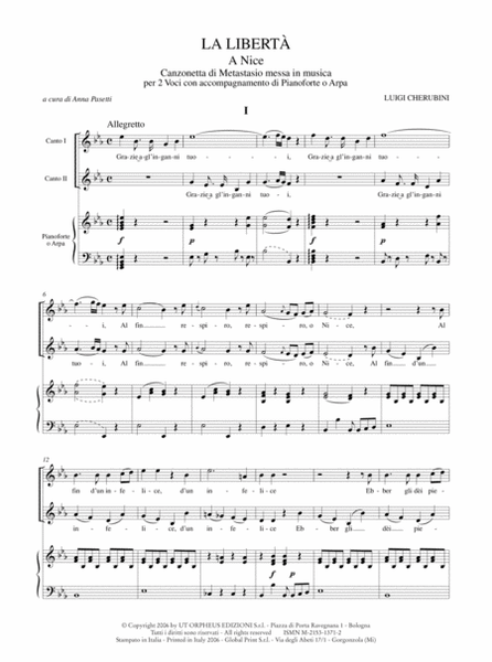 La Libertà (a Nice). Canzonetta by Metastasio for 2 Voices and Piano or Harp