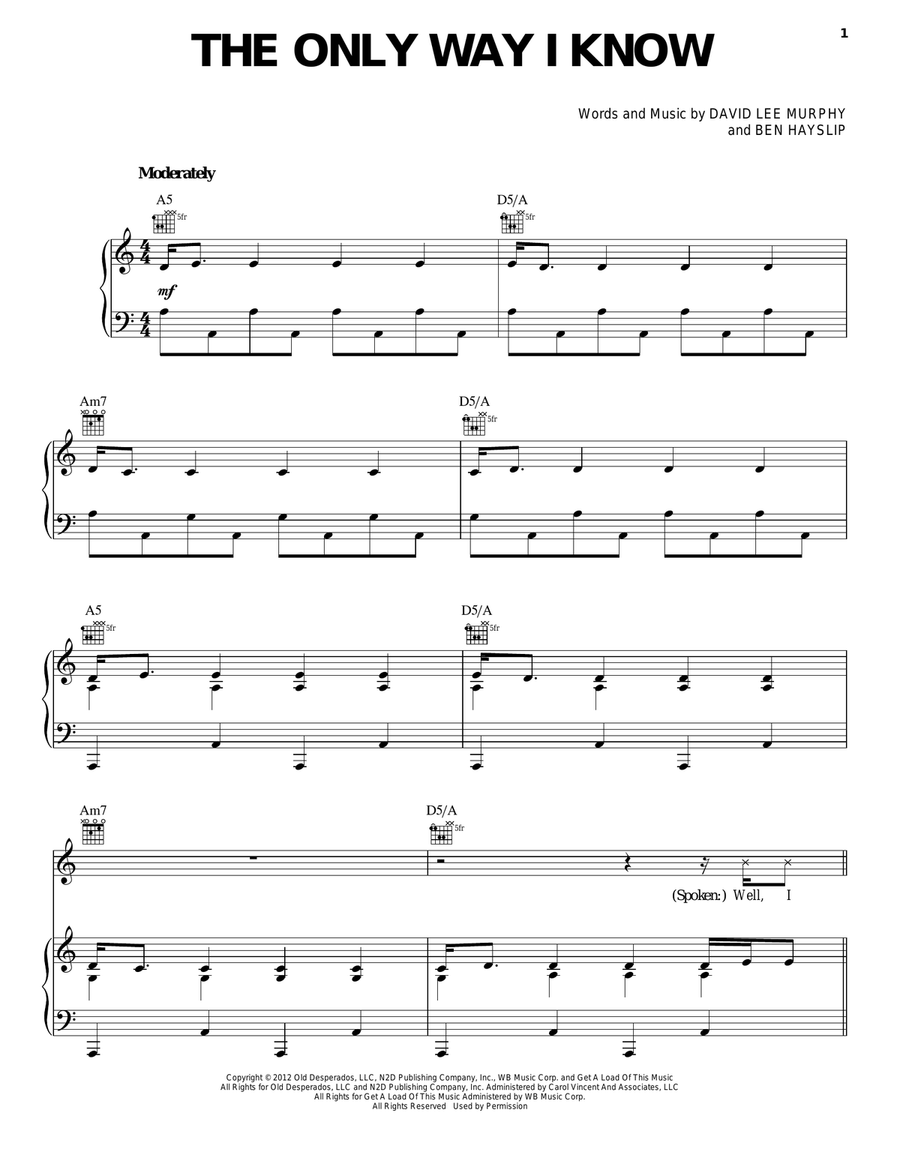 The Only Way I Know The Only Way I Know Piano, Vocal, Guitar scores gallery preview page 1