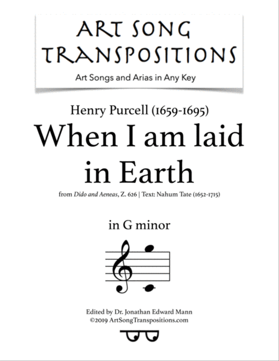 Book cover for PURCELL: When I am laid in Earth (transposed to G minor)