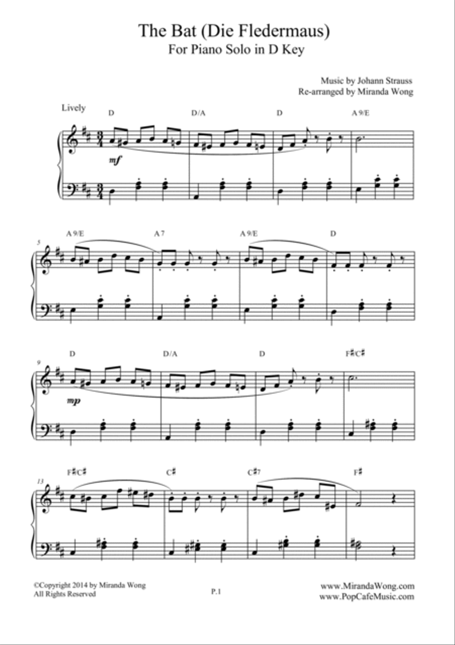 The Bat (Die Fledermaus) - Lovely Piano Music in D Key