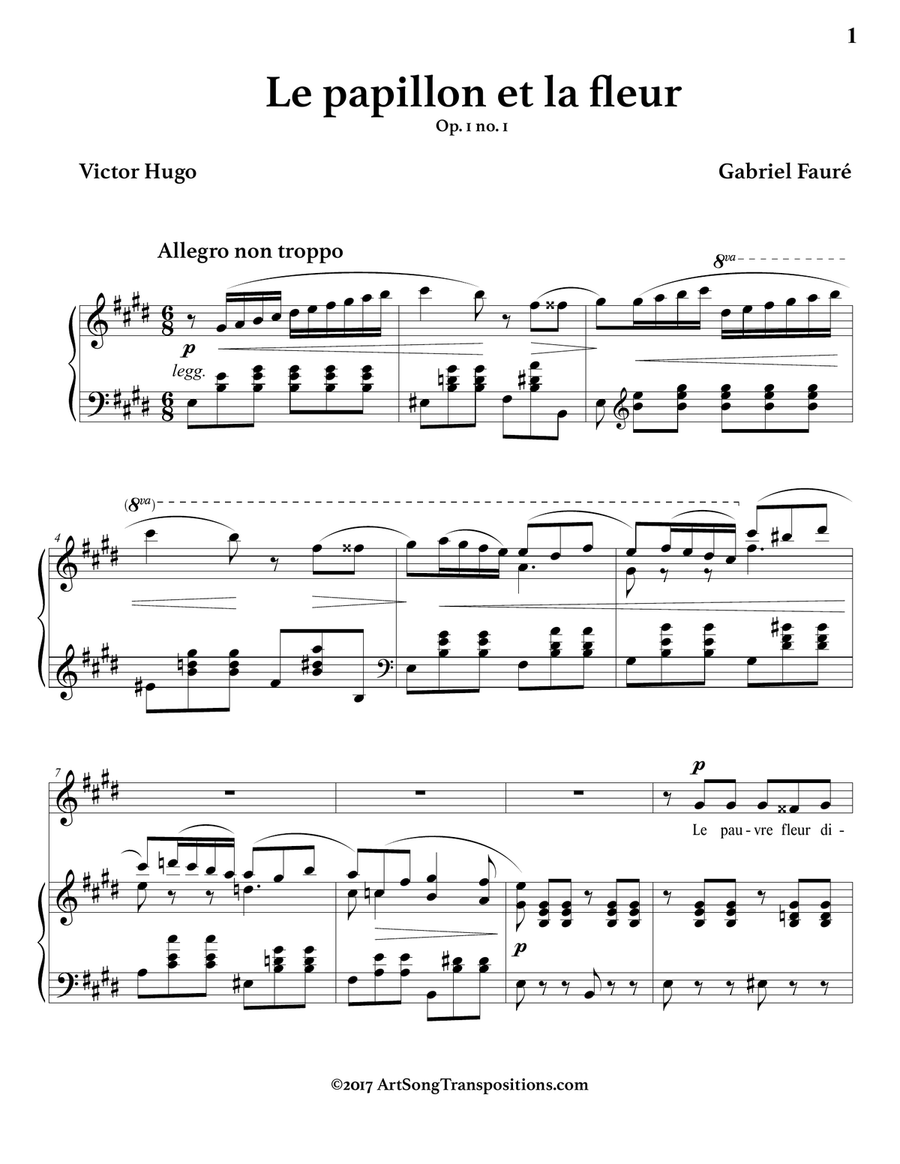 FAURÉ: Le papillon et la fleur, Op. 1 no. 1 (transposed to E major) Piano, Vocal scores gallery preview page 2