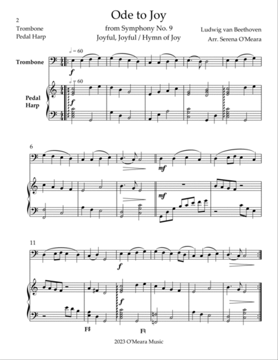 Ode to Joy, Duet for Trombone & Pedal Harp Trombone Duet scores gallery preview page 2
