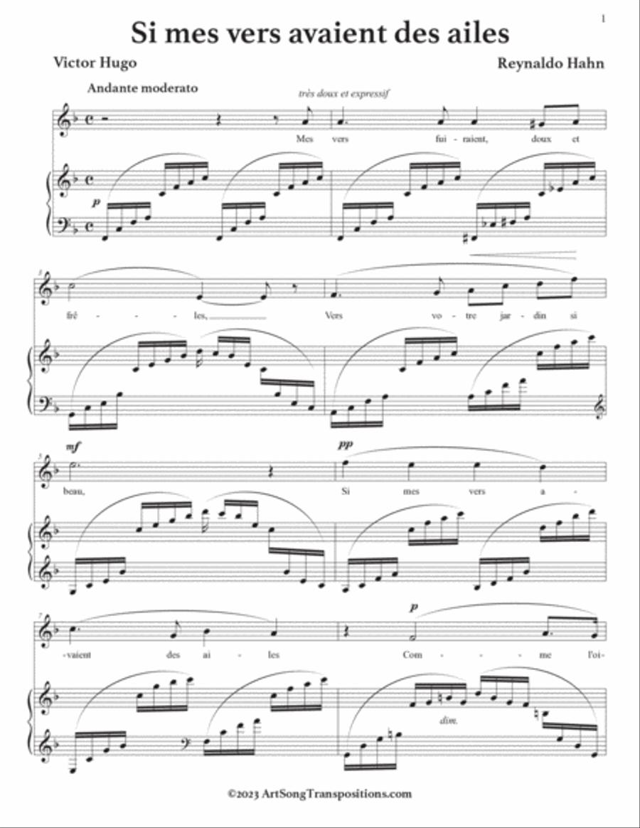 HAHN: Si mes vers avaient des ailes (transposed to F major and E major) Voice scores gallery preview page 2