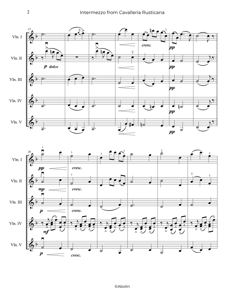 Mascagni: Intermezzo from Cavalleria Rusticana - 5 Violins Chamber Music scores gallery preview page 3