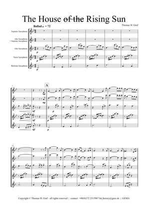 Book cover for The house of the rising sun - Saxophone Quartet SATB