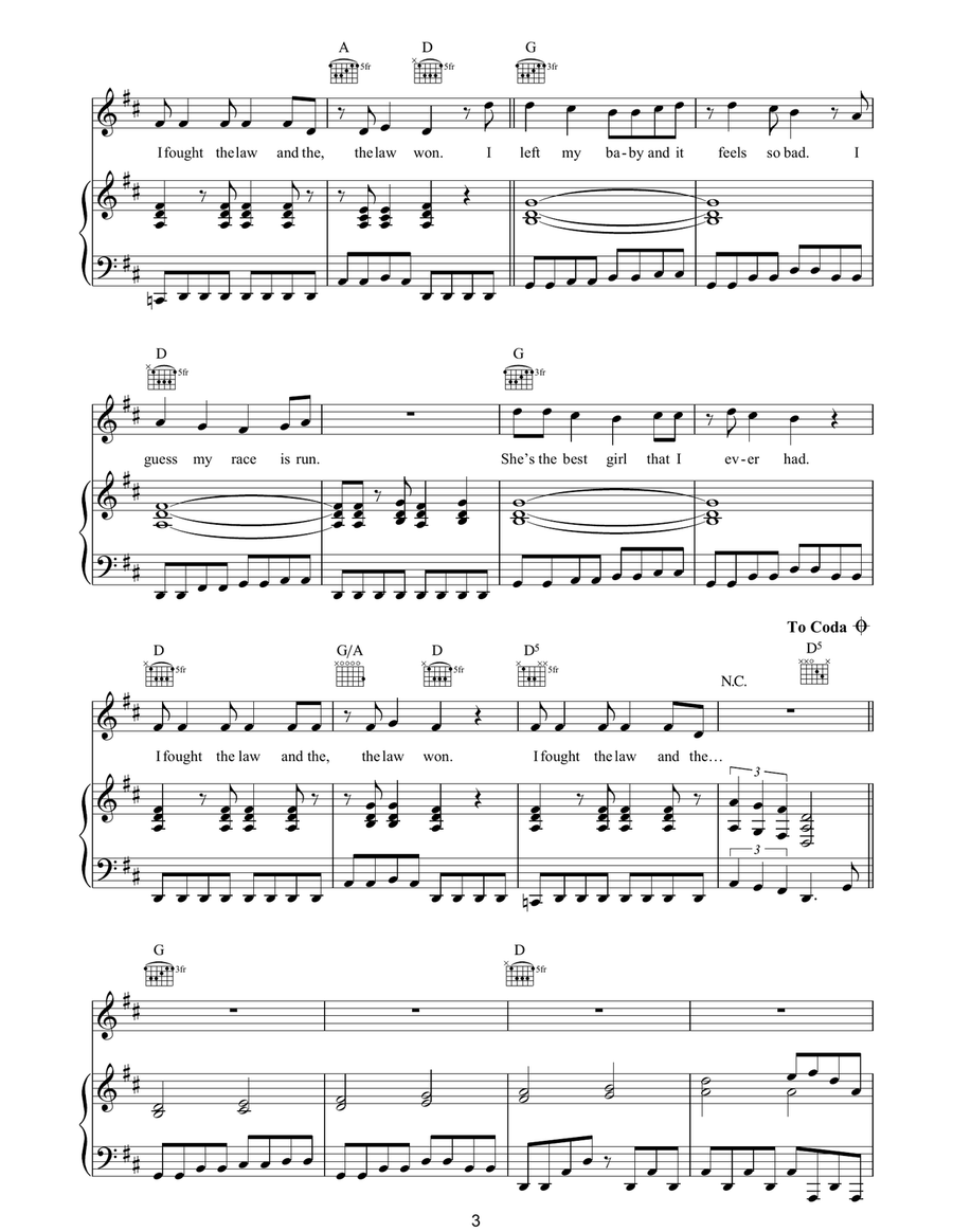 I Fought The Law Piano, Vocal, Guitar scores gallery preview page 3