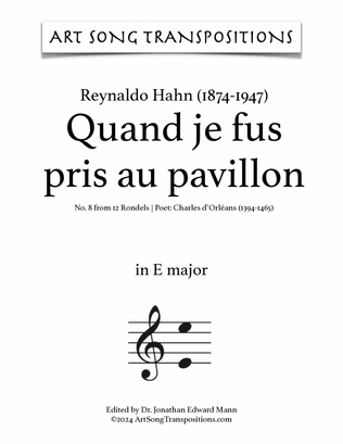 Book cover for HAHN: Quand je fus pris au pavillon (transposed to E major)