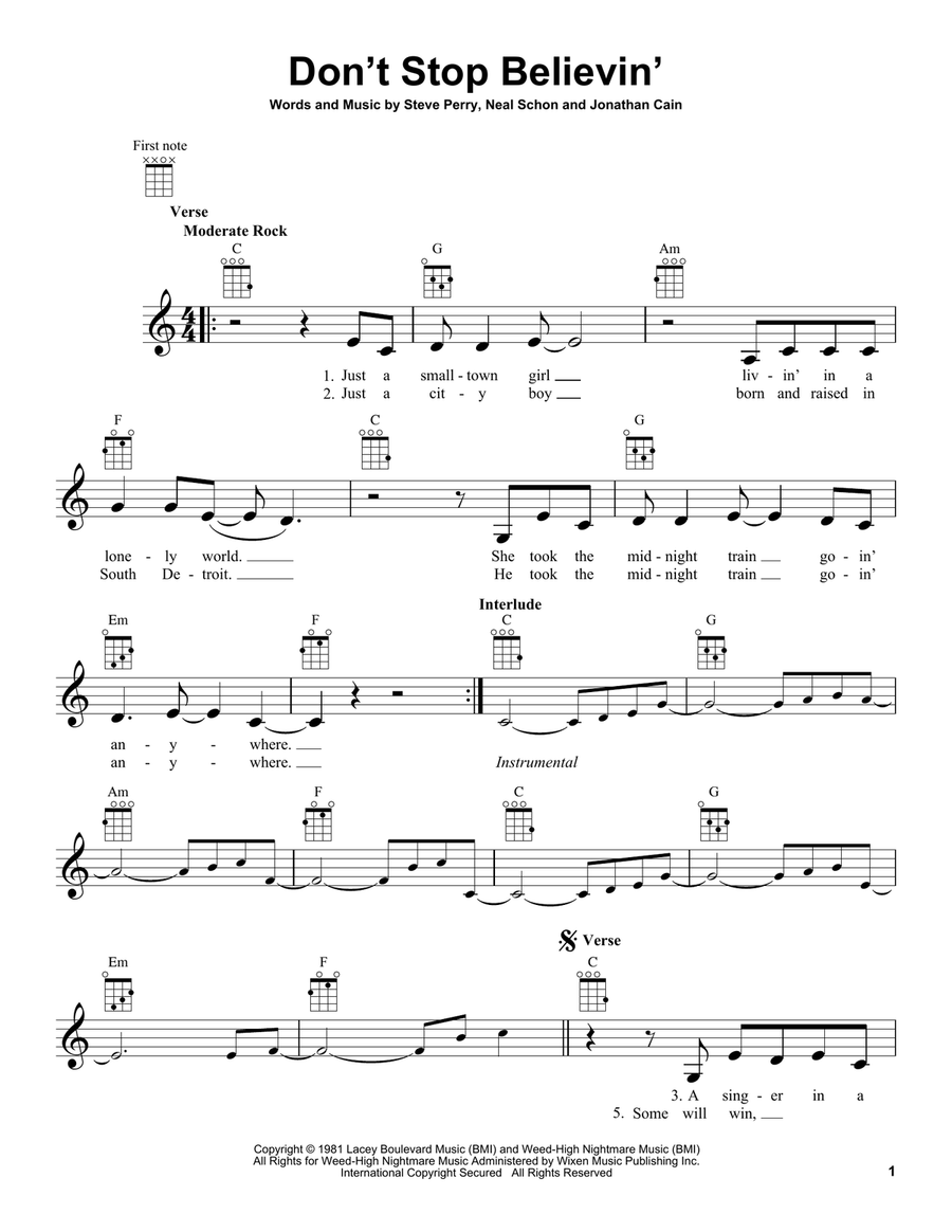Don't Stop Believin' by Journey Ukulele - Digital Sheet Music