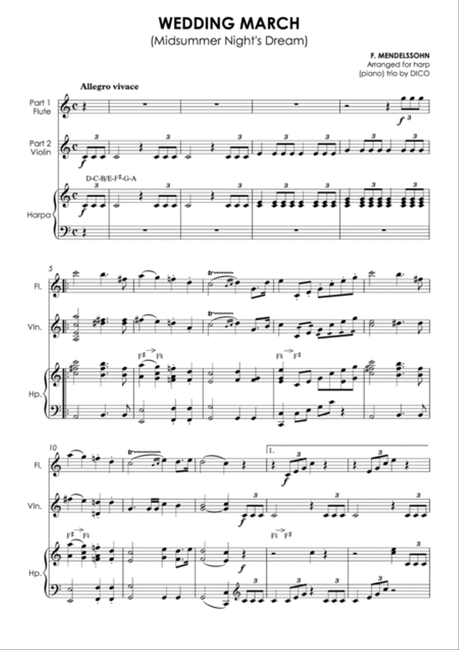 Wedding March (Mendelssohn) for flexible harp (piano) trio Small Ensemble scores gallery preview page 4
