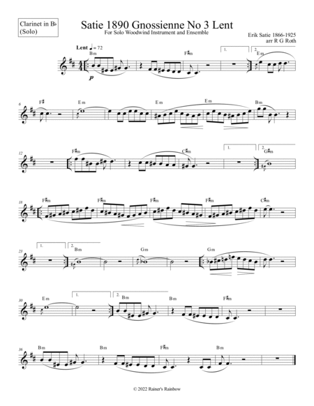 Satie Gnossienne No 3 for Clarinet Quartet Clarinet Quartet - Digital Sheet Music
