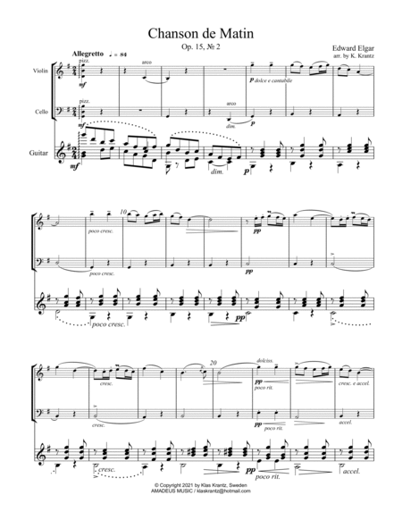 Chanson de Matin Op. 15 for violin, cello and guitar image number null
