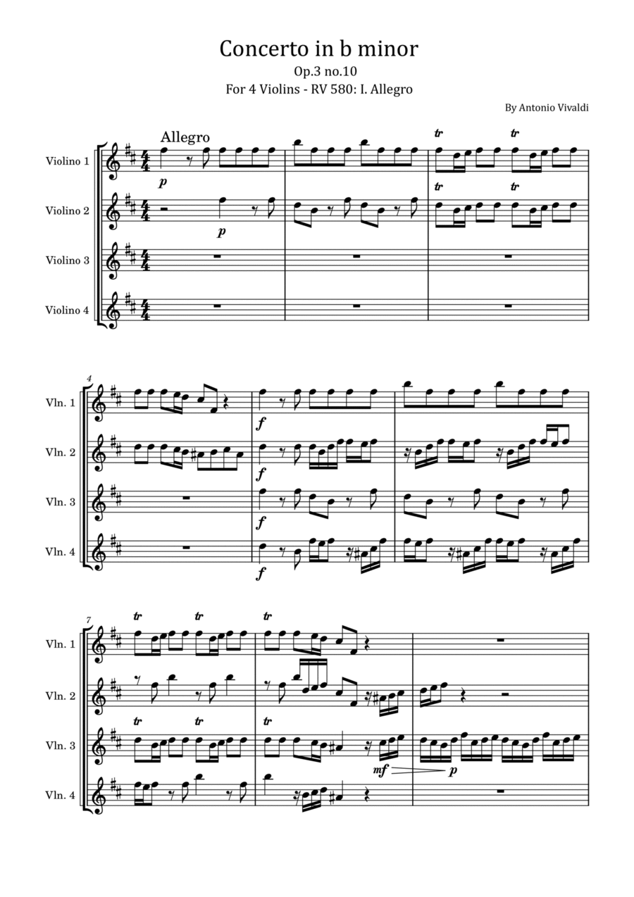 Vivaldi - L'Estro Armonico - Op.3 No.10 - Concerto for 4 Violins - RV 580: I. Allegro String Quartet scores gallery preview page 1