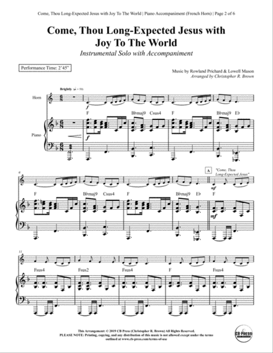 Come, Thou Long-Expected Jesus with Joy To The World - Horn Solo with Piano Accompaniment Piano scores gallery preview page 2