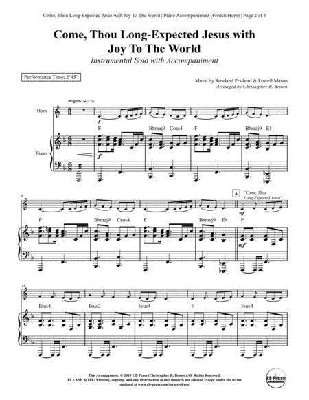 Come, Thou Long-Expected Jesus with Joy To The World - Horn Solo with Piano Accompaniment image number null