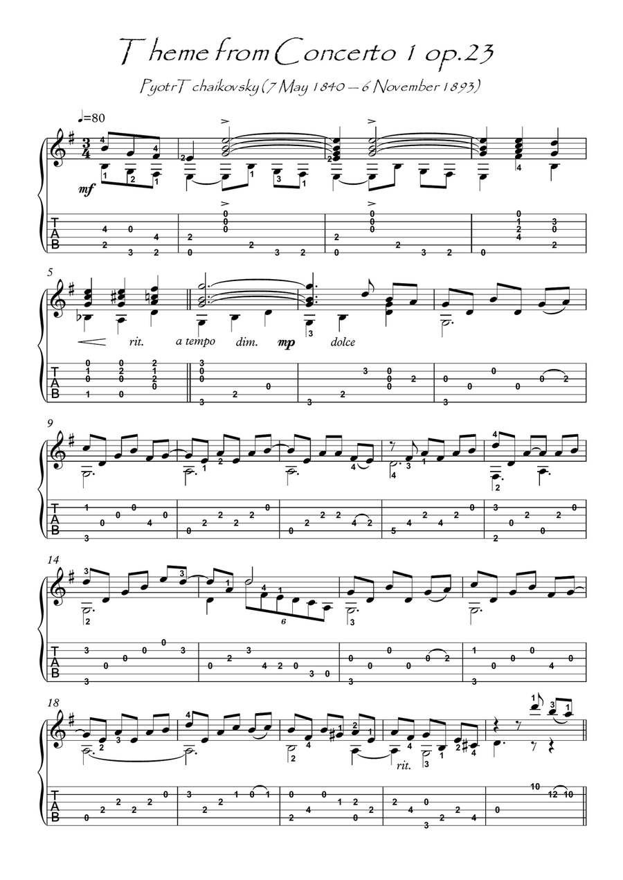 Tchaikovsky theme from Concerto 1 guitar solo Acoustic Guitar scores gallery preview page 1