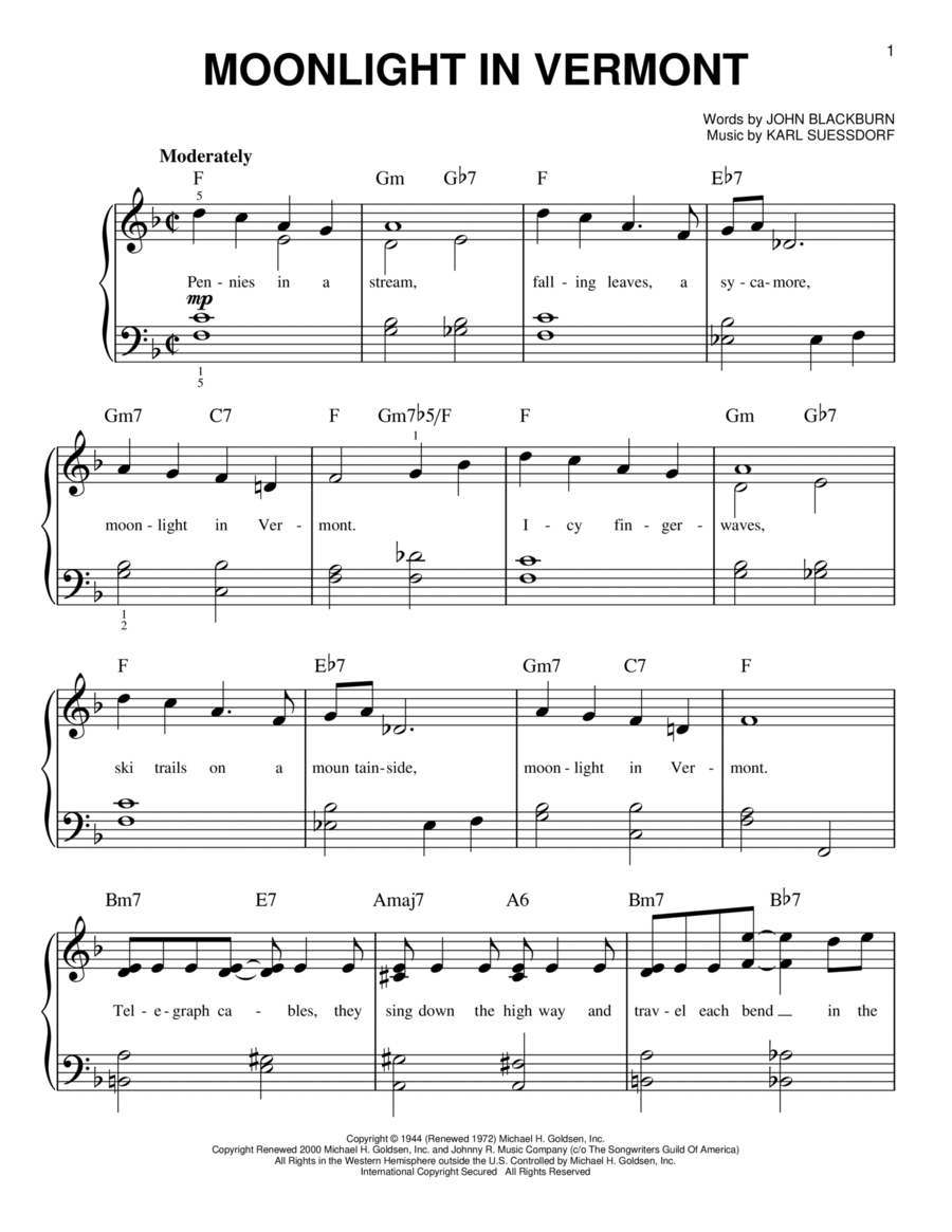 Moonlight In Vermont Moonlight In Vermont Easy Piano scores gallery preview page 1