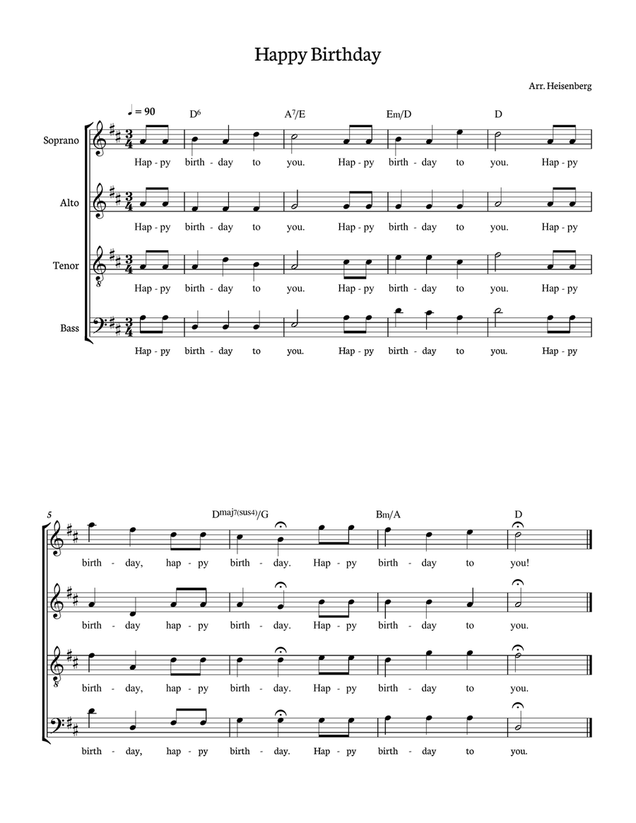 Happy Birthday for SATB with chords in D. Score and parts inc 4-Part scores gallery preview page 1