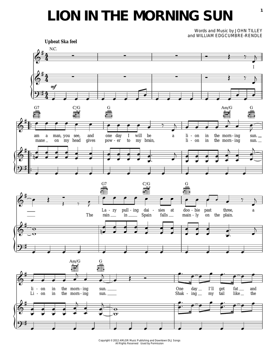 Lion In The Morning Sun Piano, Vocal, Guitar scores gallery preview page 1