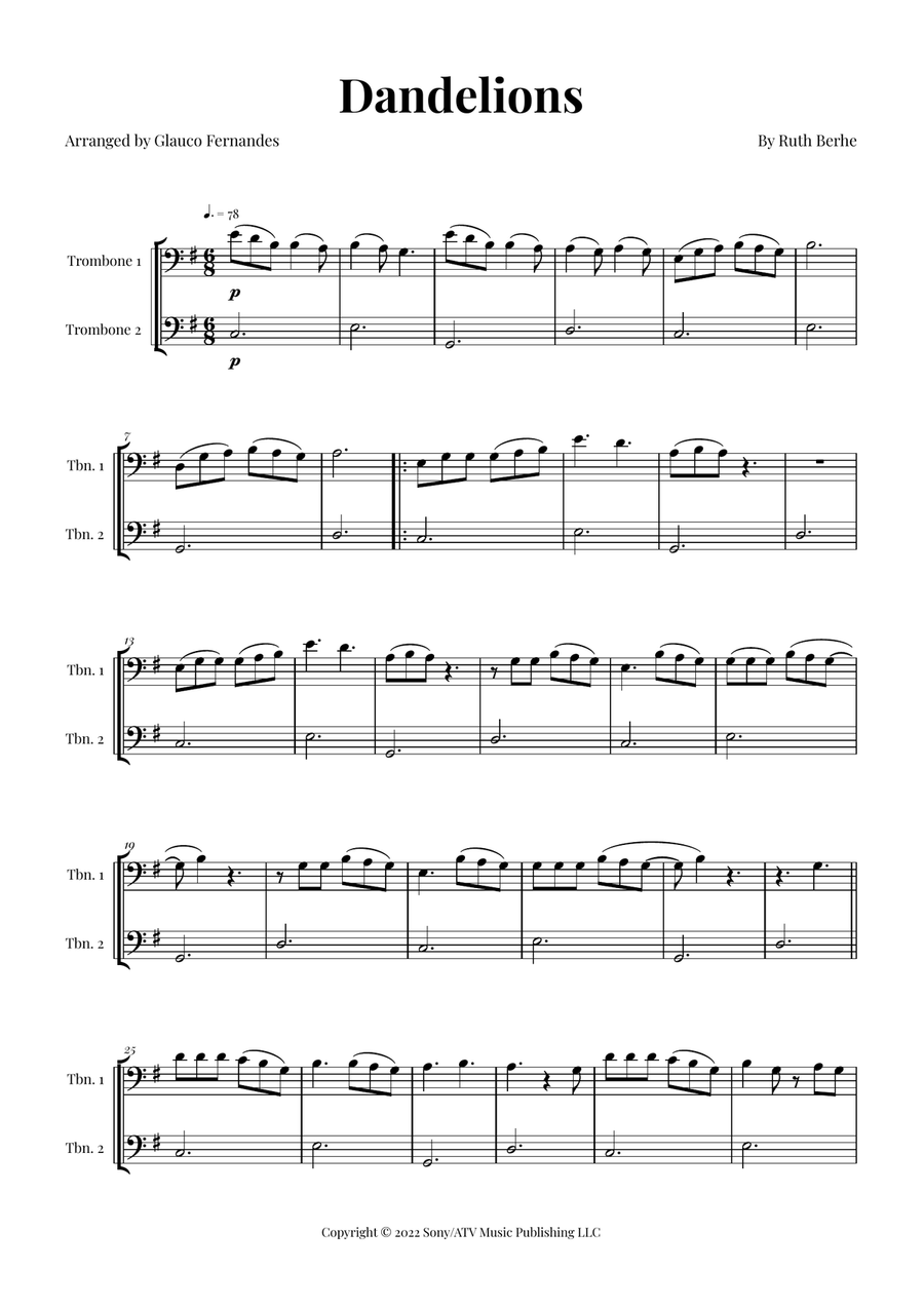 Dandelions Trombone Duet scores gallery preview page 1