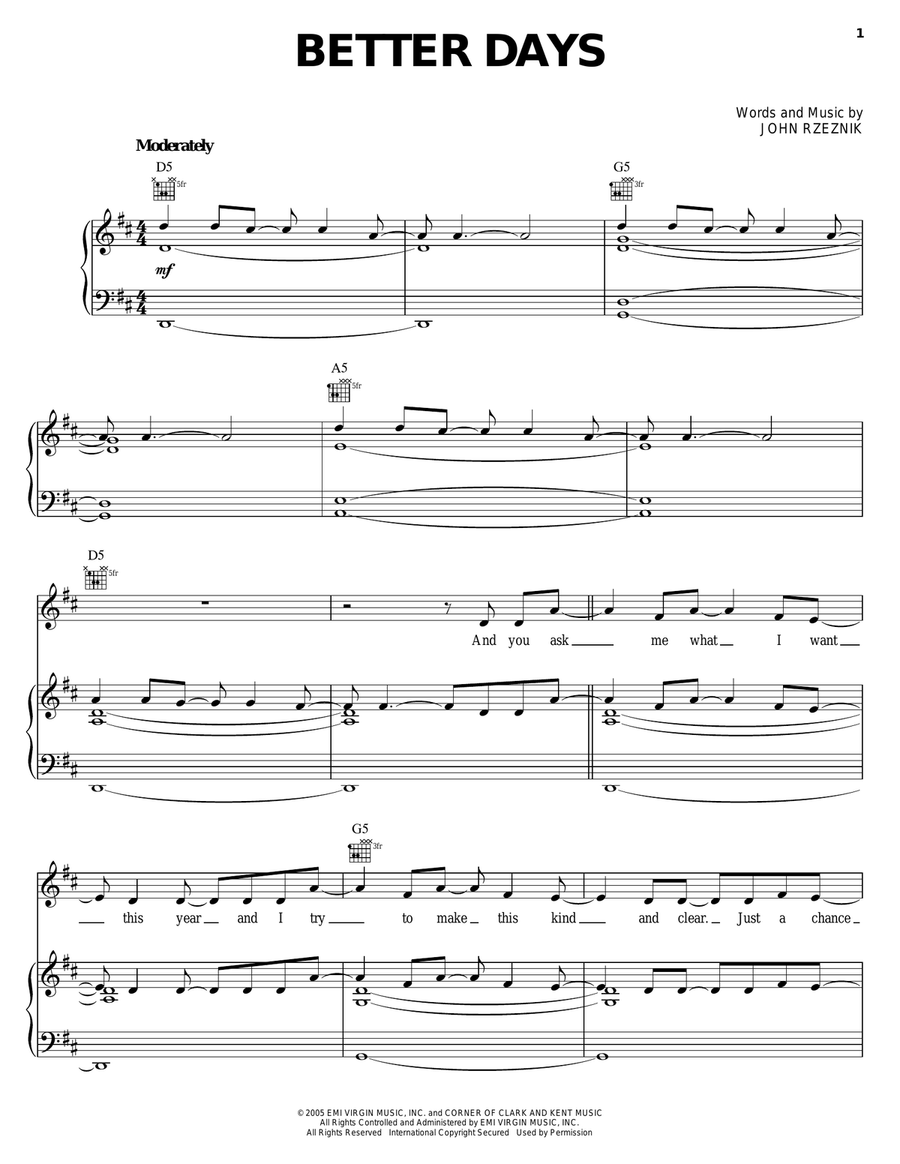 Better Days Piano, Vocal, Guitar scores gallery preview page 1