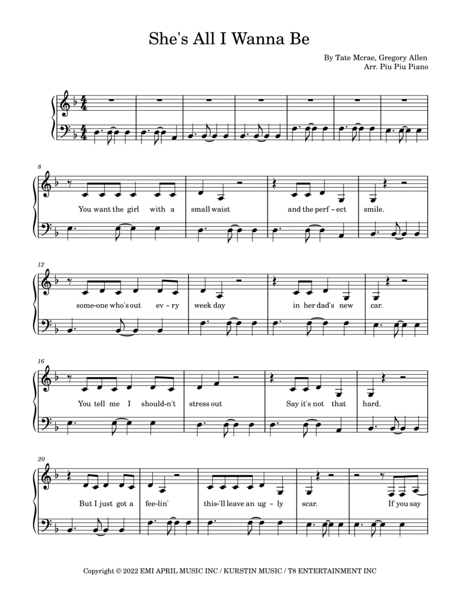She's All I Wanna Be Easy Piano scores gallery preview page 1