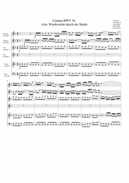 Aria: Wiederstehe durch der Suende from Cantata BWV 54 (arrangement for 6 recorders)