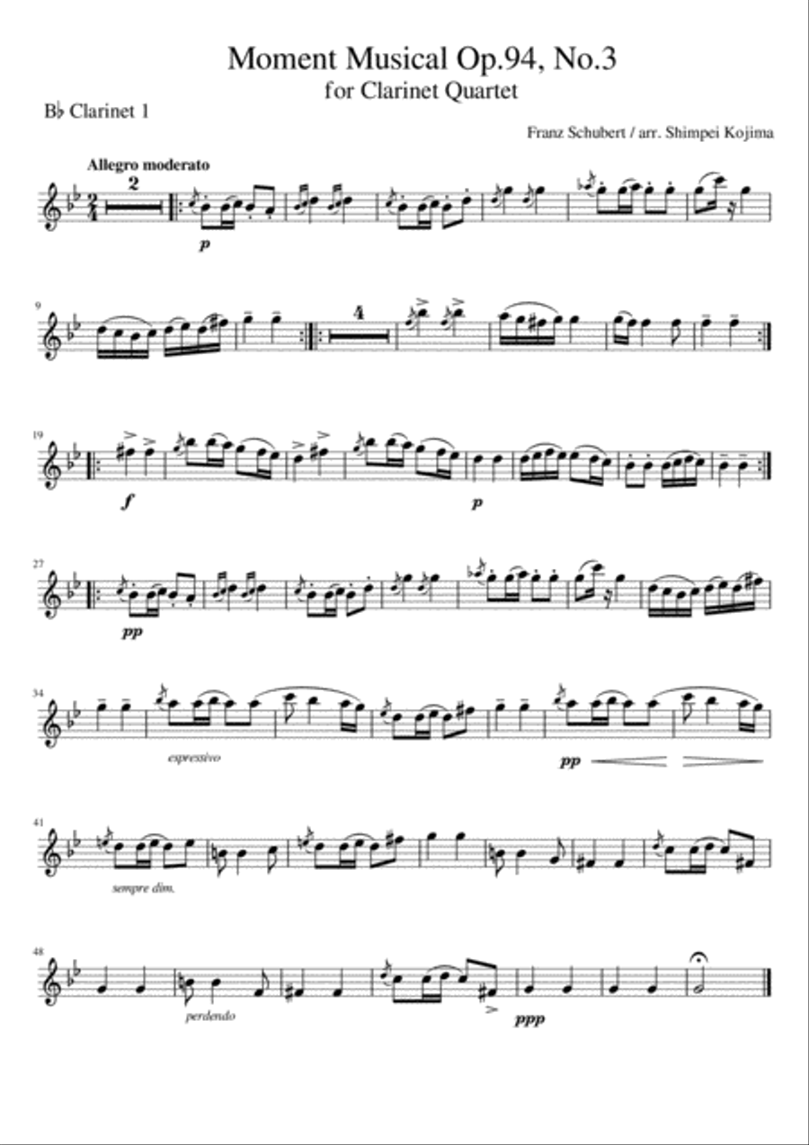 Schubert : Moment Musical (Moments Musicaux) op.94, No.3 for Clarinet Quartet Clarinet Quartet scores gallery preview page 4
