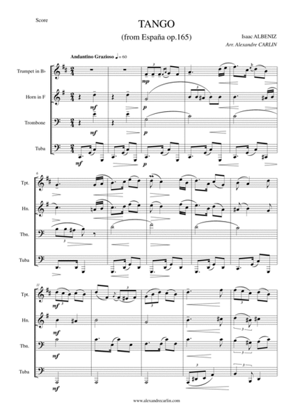 Tango by Albeniz - Arranged for Brass Quartet or Ensemble image number null