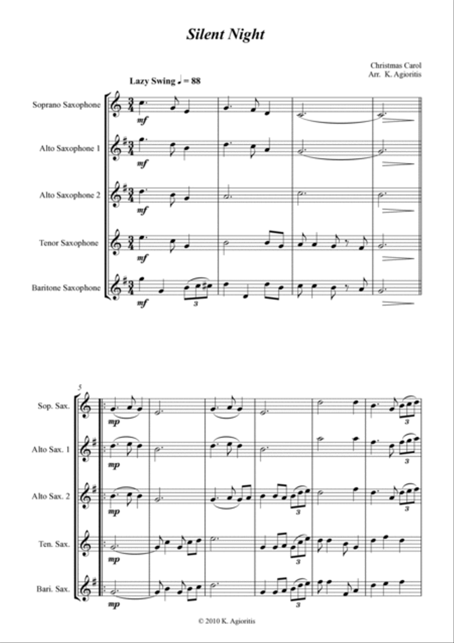 Silent Night - Jazz Carol for Saxophone Quartet Saxophone Quartet scores gallery preview page 5