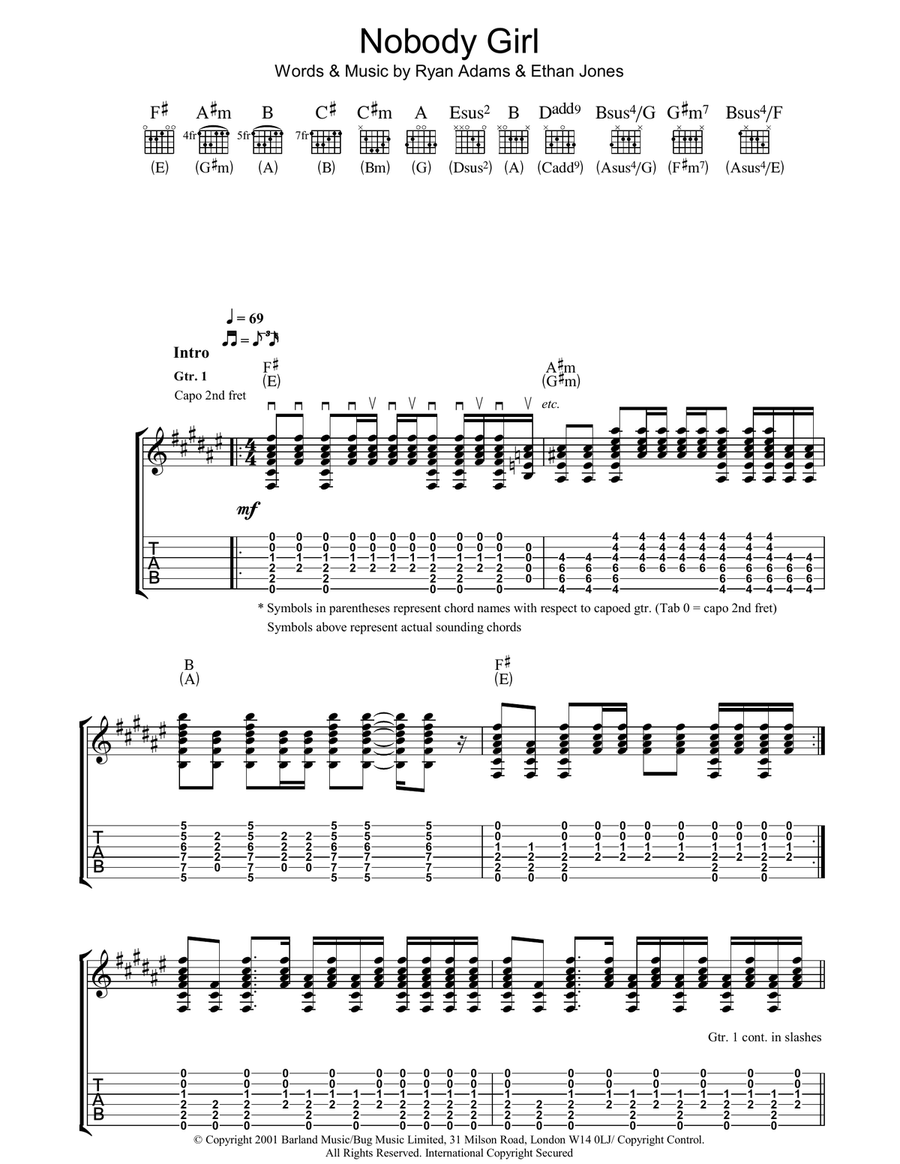 Nobody Girl Guitar Tablature scores gallery preview page 1