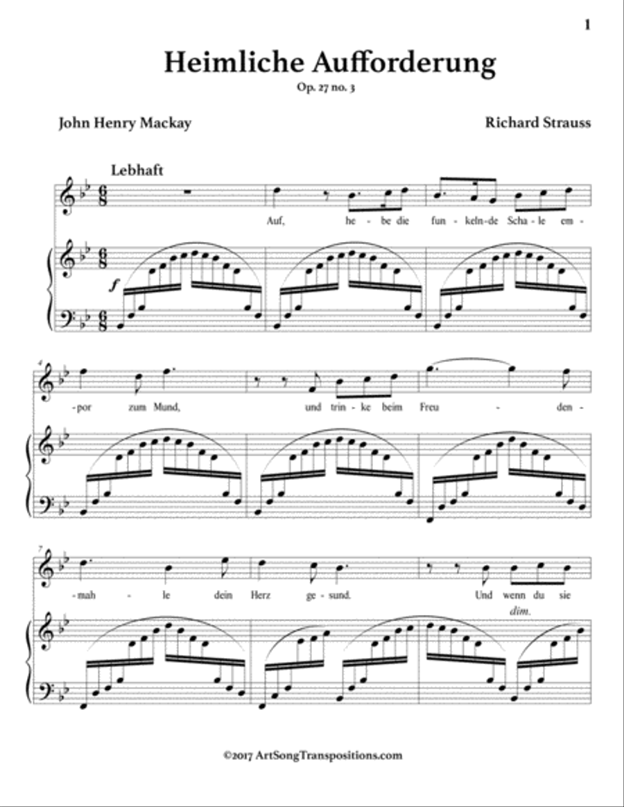 STRAUSS: Heimliche Aufforderung, Op. 27 no. 3 (in 3 high keys: B-flat, A, A-flat major) Voice scores gallery preview page 2