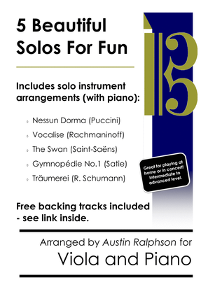 Book cover for 5 Beautiful Viola Solos for Fun - with FREE BACKING TRACKS and piano accompaniment to play along
