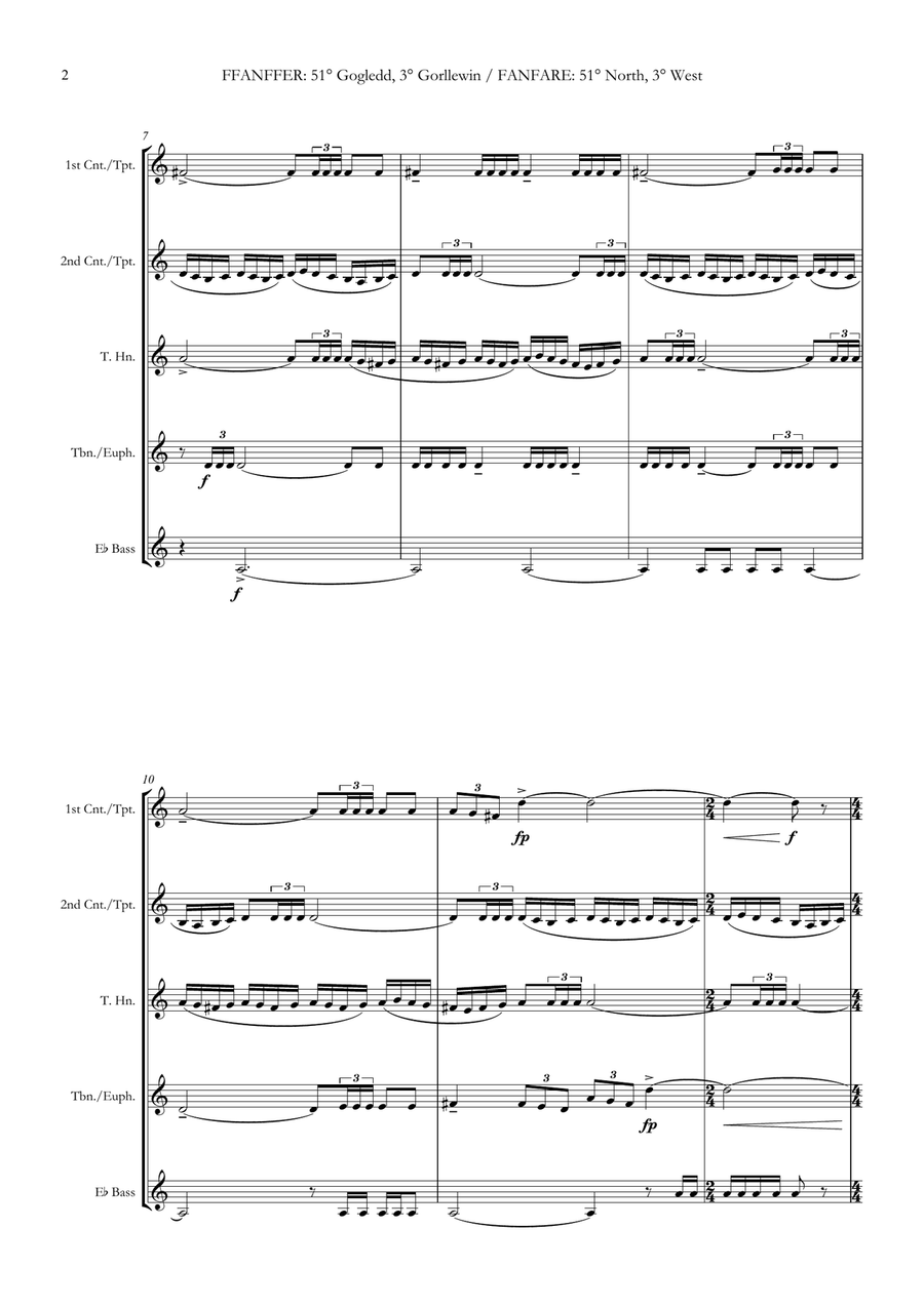 FFANFFER: 51° Gogledd, 3° Gorllewin (FANFARE: 51° North, 3° West) (Rob Bushnell) - Brass Quintet Brass Quintet scores gallery preview page 5