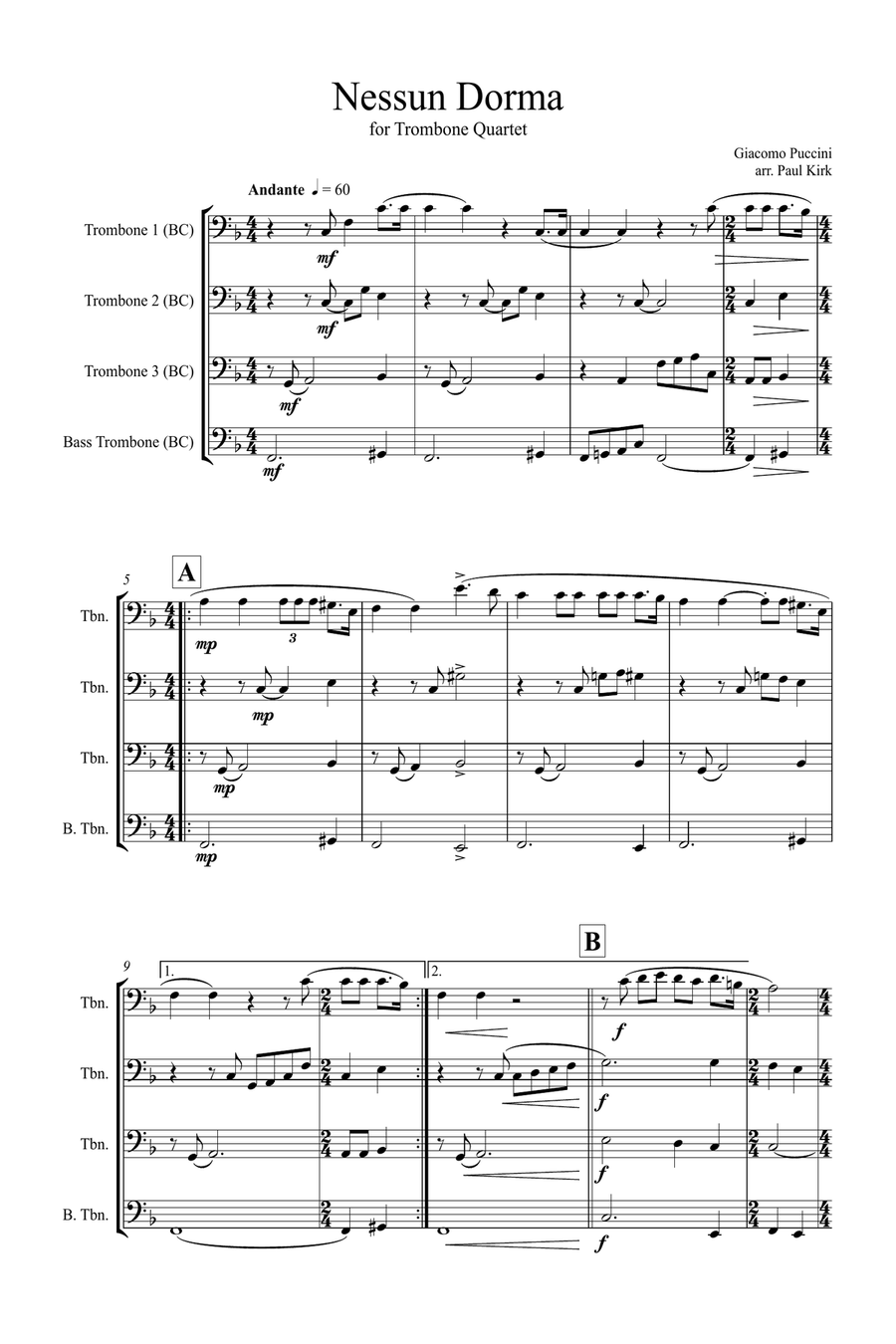 Nessun Dorma - Trombone Choir Brass Quartet scores gallery preview page 1