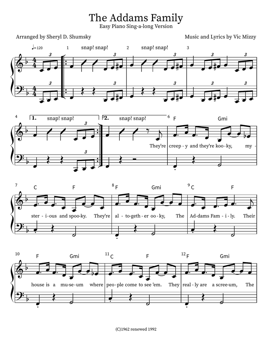 The Addams Family Theme Piano, Vocal, Guitar scores gallery preview page 2