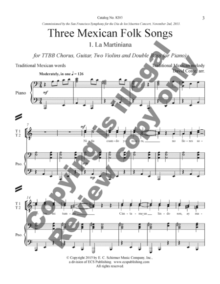Three Mexican Folk Songs: 1. La Martiniana (Piano/Choral Score) by David Conte TTBB - Sheet Music