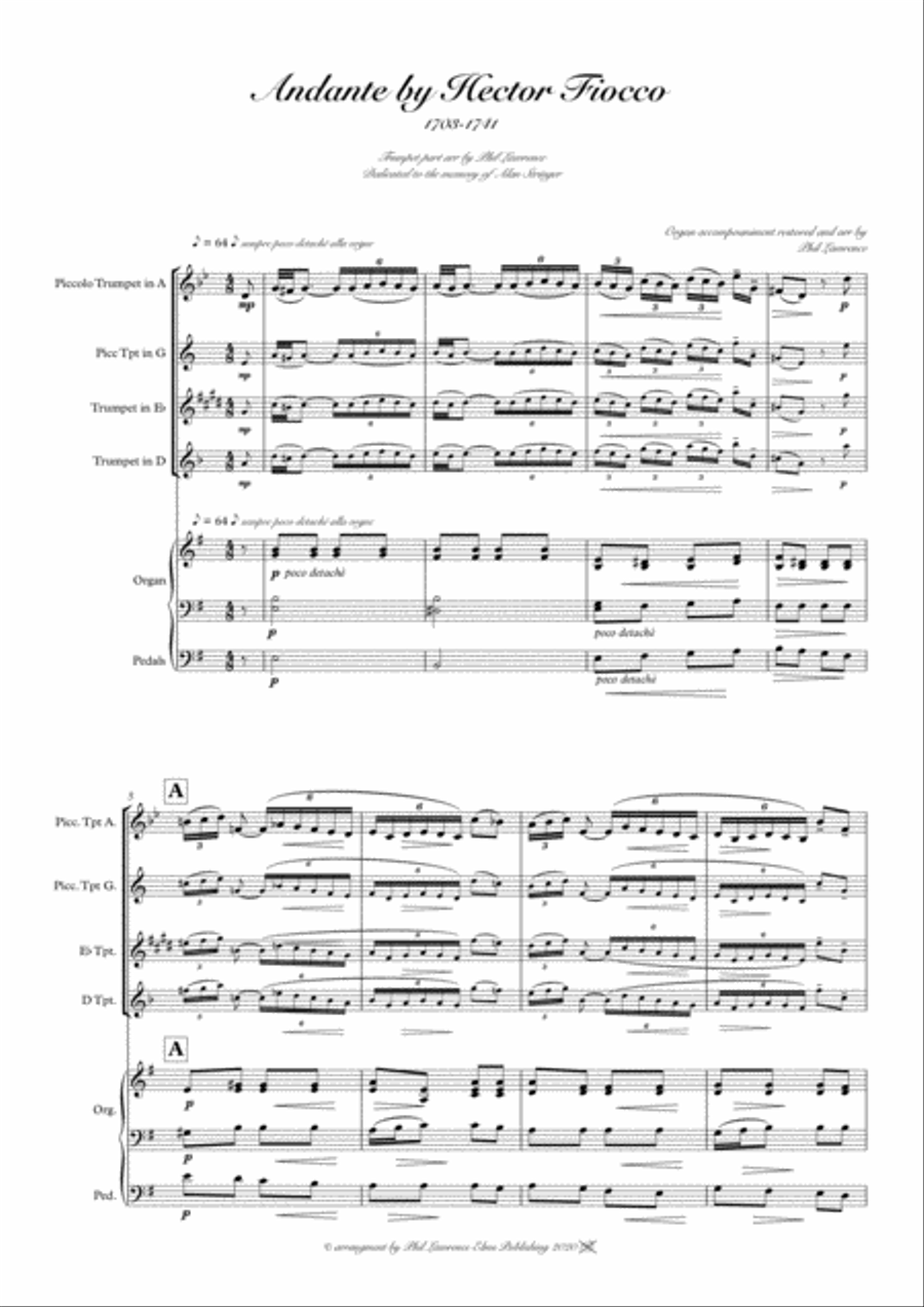 Andante by Hector Fiocco arr for Trumpet (Picc A, G, or D or Eb tpt). Trumpet Duet scores gallery preview page 1