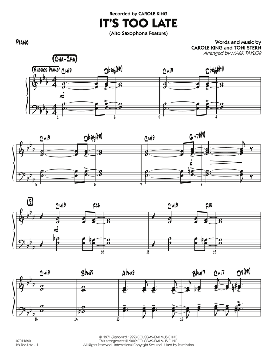 It's Too Late (Alto Saxophone Feature) - Piano Jazz Ensemble scores gallery preview page 1