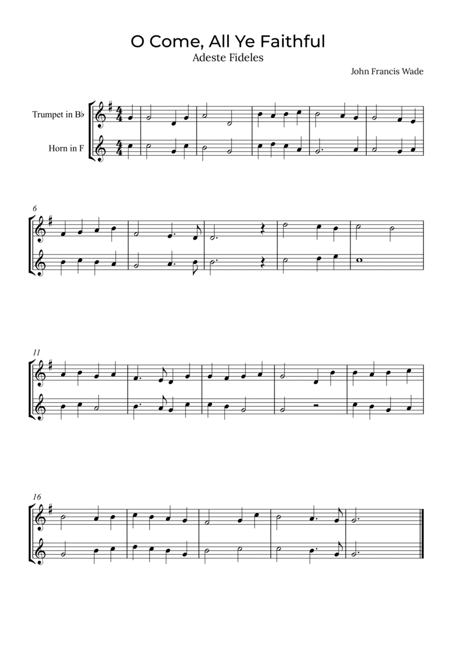 O Come, All Ye Faithful - Trumpet and horn Brass Duet scores gallery preview page 1