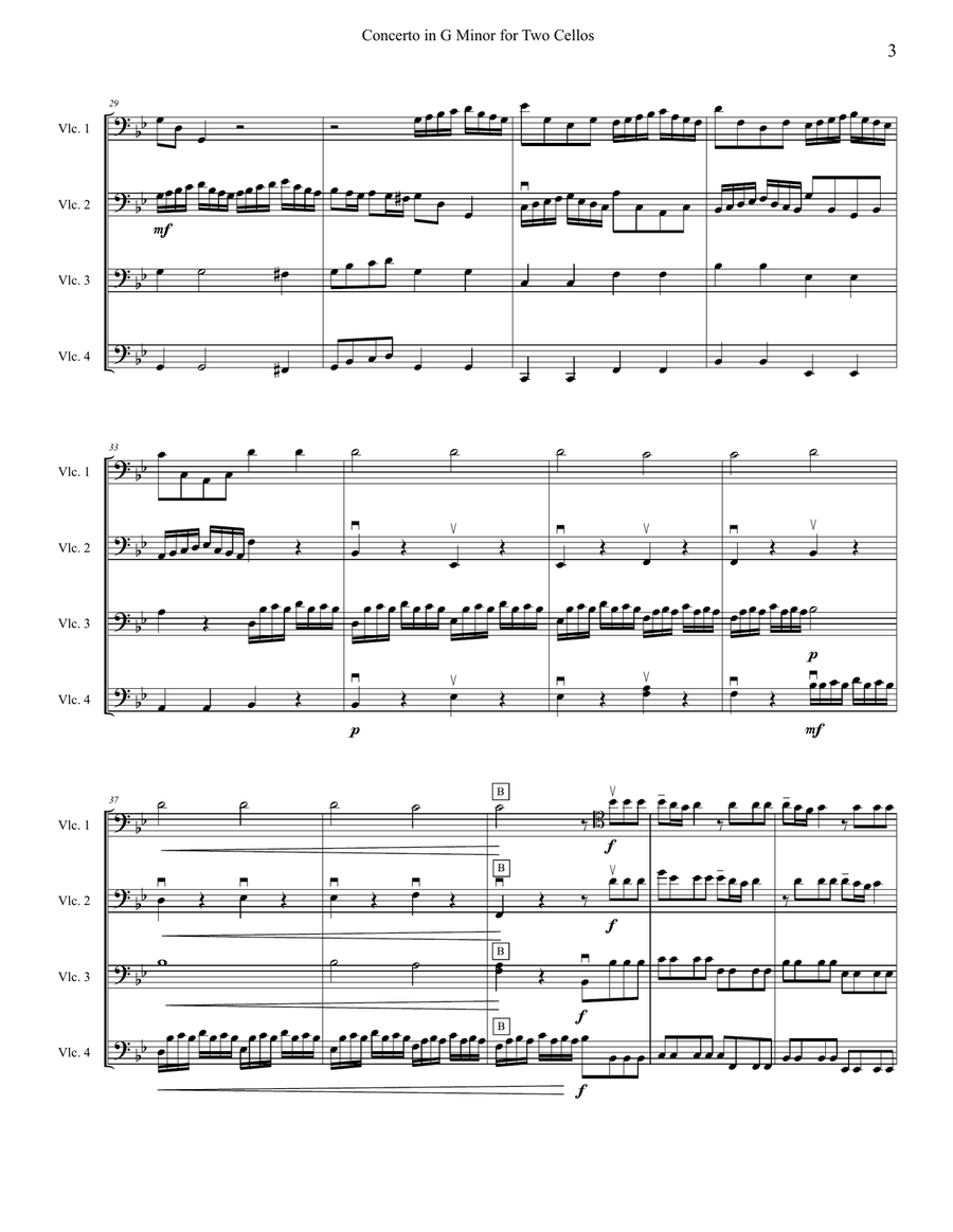 Vivaldi Concerto for Two Cellos in G Minor, arranged for cello quartet (four cellos), RV 531 1st mov String Orchestra scores gallery preview page 3