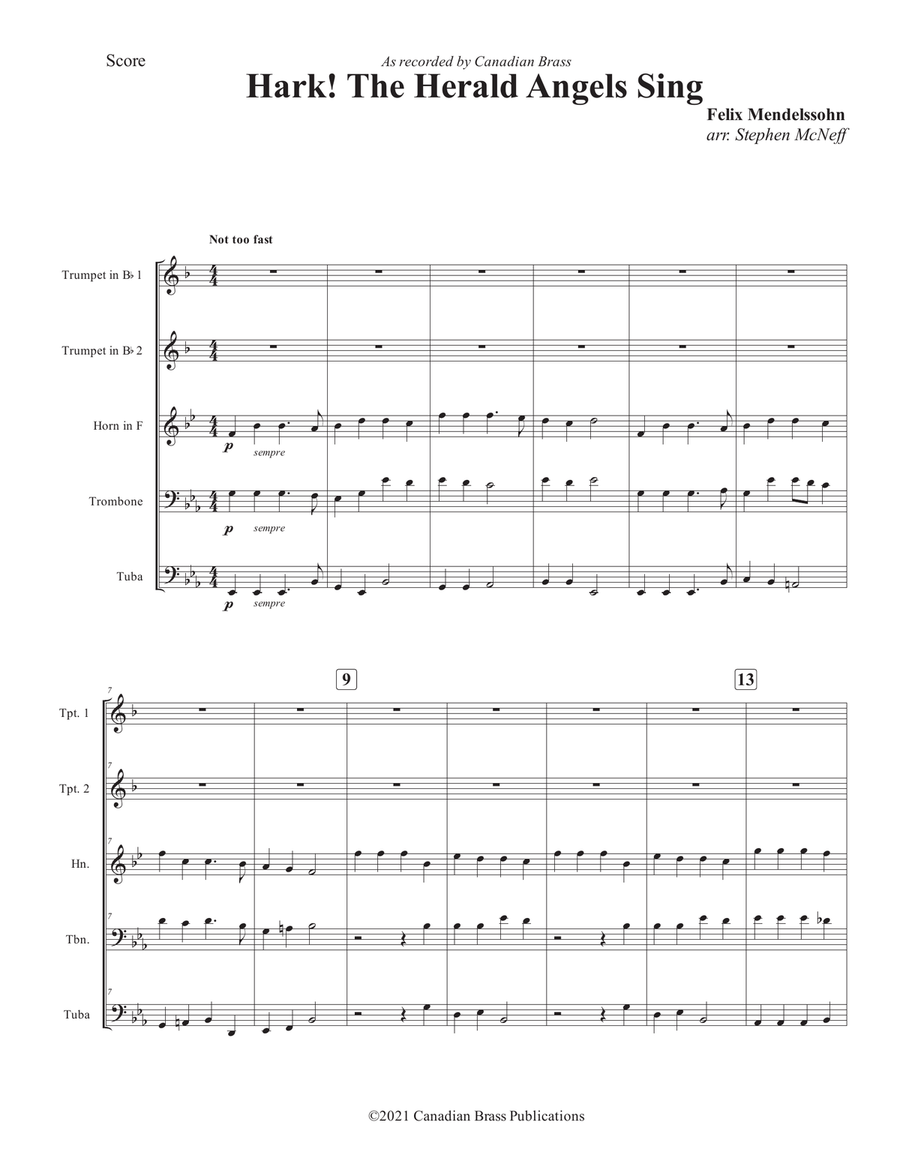 Hark! The Herald Angels Sing - Full Score Brass Quintet scores gallery preview page 1
