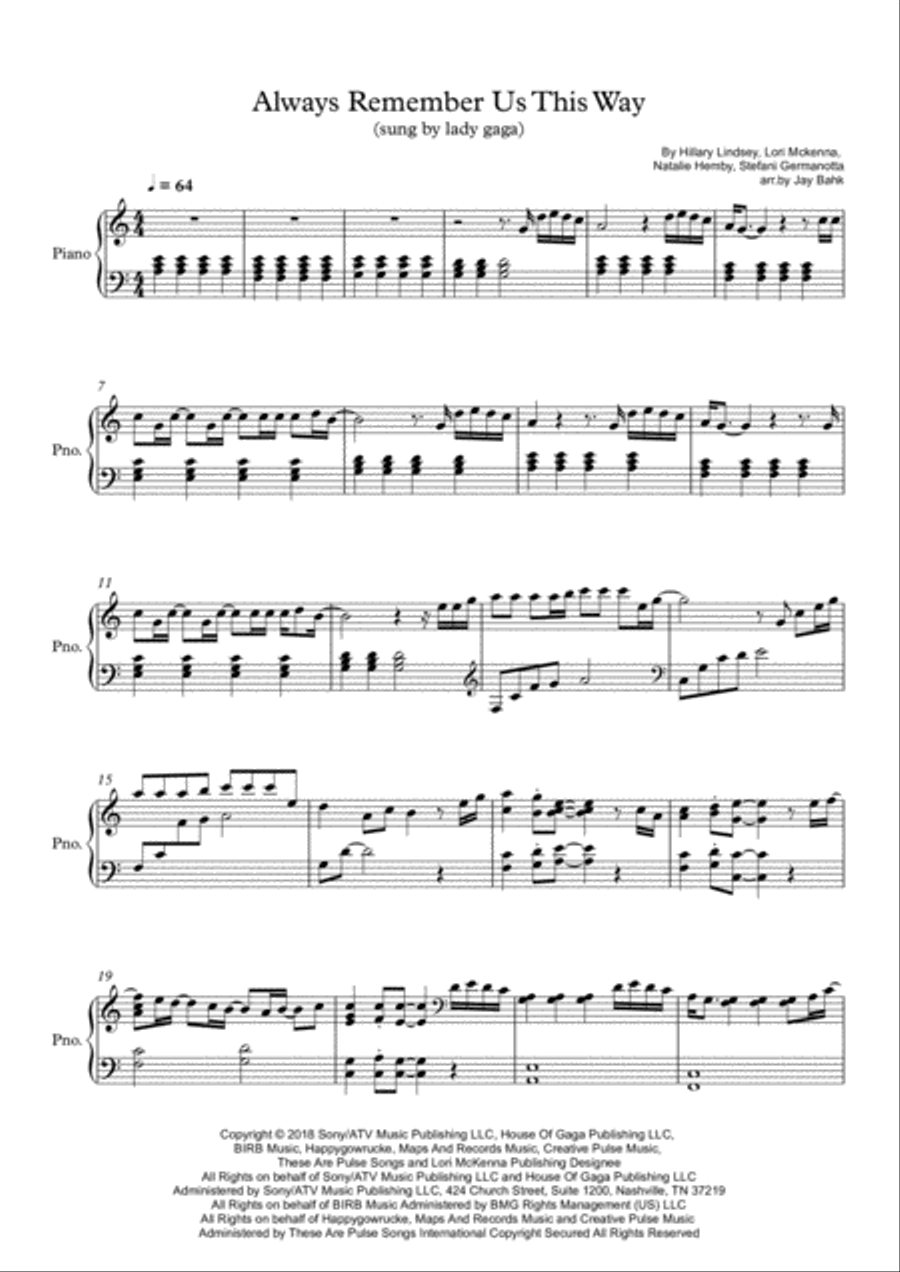 Always Remember Us This Way Piano Solo scores gallery preview page 1