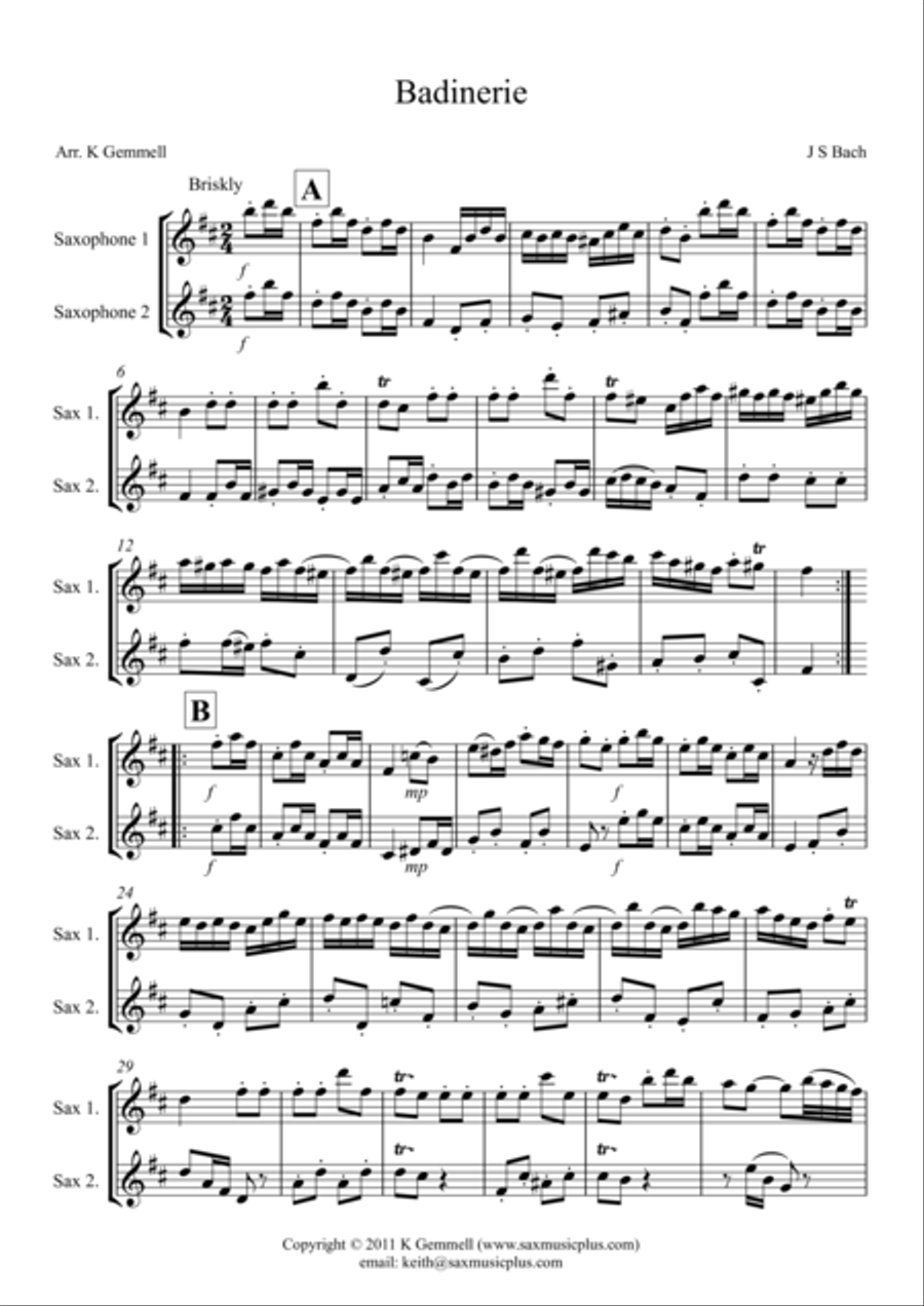 Badinerie – 2 Altos or 2 Tenor Saxophones Tenor Saxophone scores gallery preview page 1