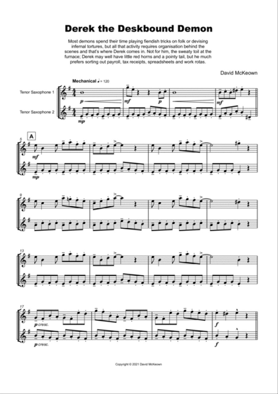 Derek the Deskbound Demon, Halloween Duet for Tenor Saxophone Woodwind Duet scores gallery preview page 2