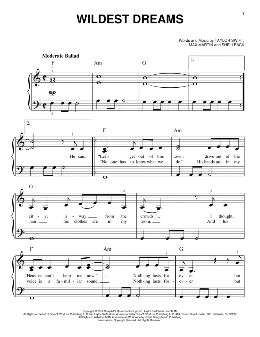 Wildest Dreams Easy Piano scores gallery preview page 1