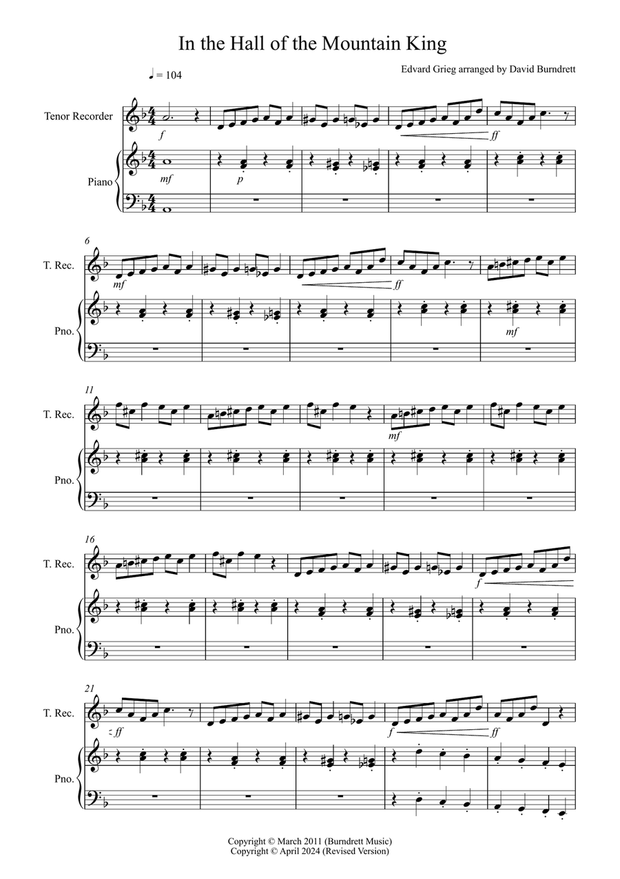 In the Hall of the Mountain King for Tenor Recorder and Piano