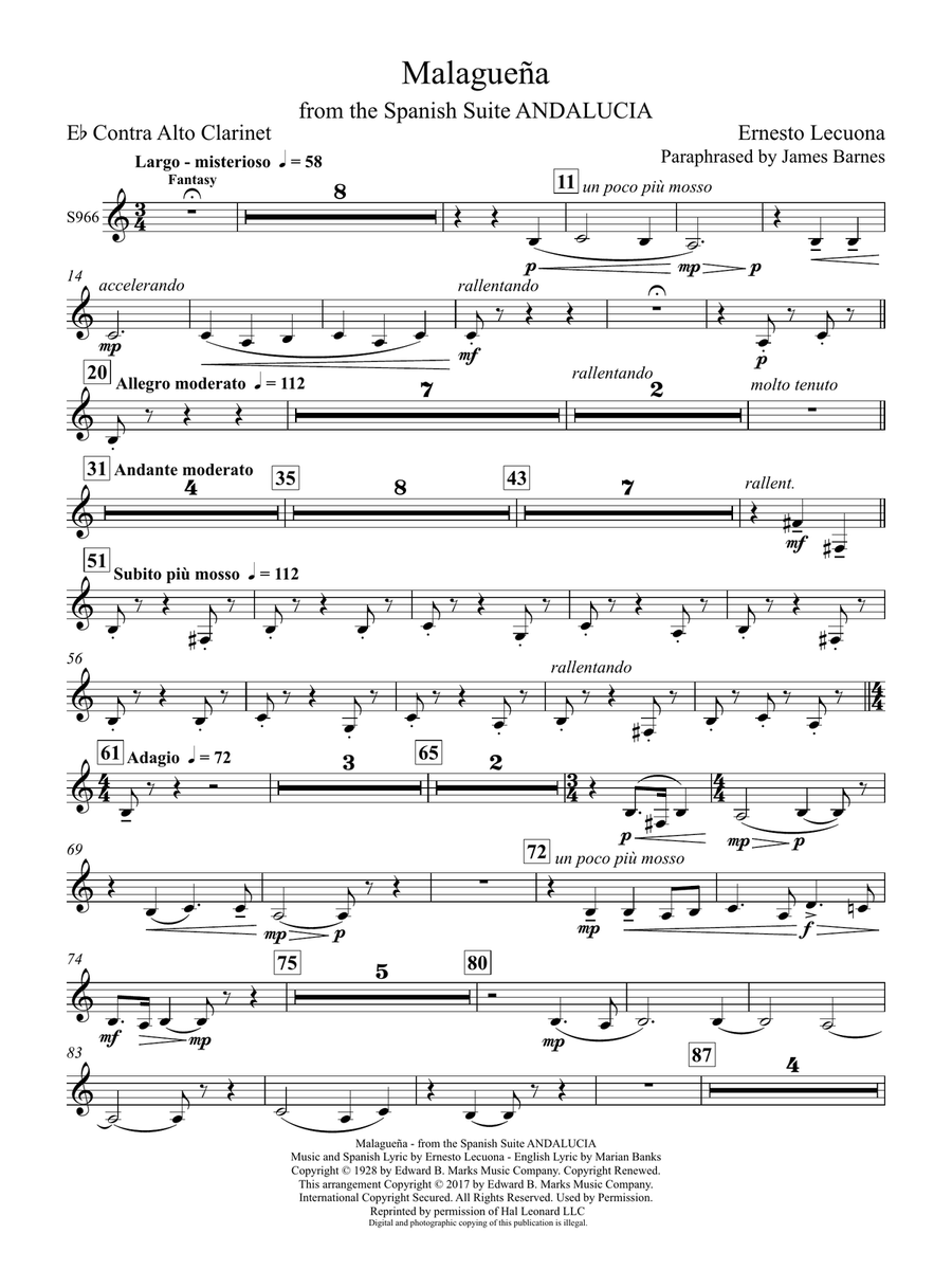 Malagueña (from Andalucia) (arr. James Barnes) - Eb Contra Alto Clarinet Concert Band scores gallery preview page 1