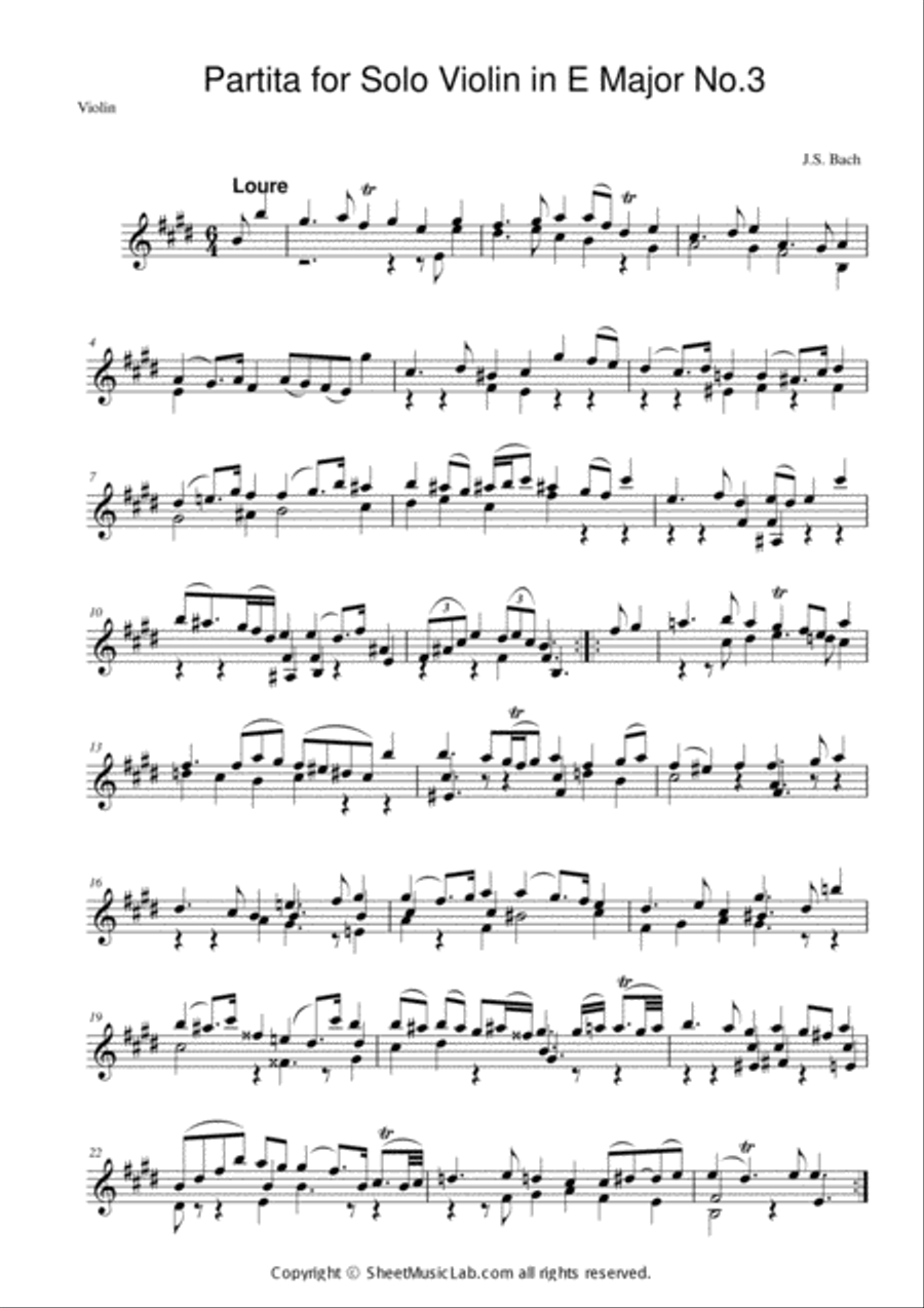 J. S. Bach : Partita for Solo Violin in E Major No.3 Violin Solo scores gallery preview page 1